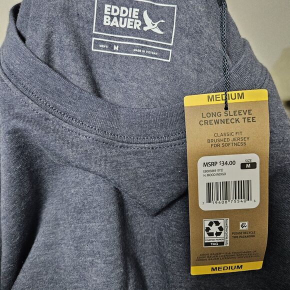 NWT EDDIE BAUER Shirt Men's Med Blue Long Sleeve Crewneck Tee Outdoors Hiking - Picture 2 of 6